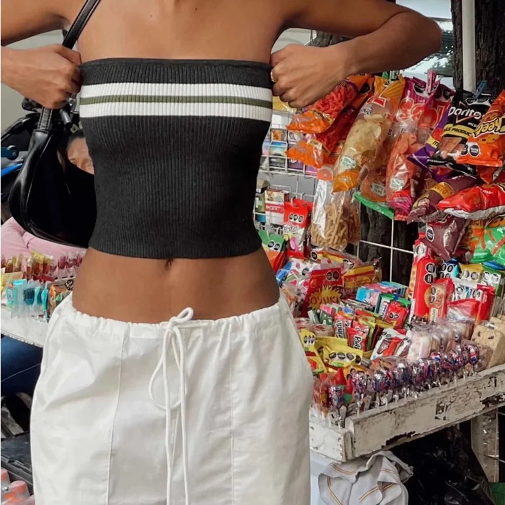 Princess Polly Black Ribbed Strapless Crop Top with White & Olive Stripes - Picture 1 of 5